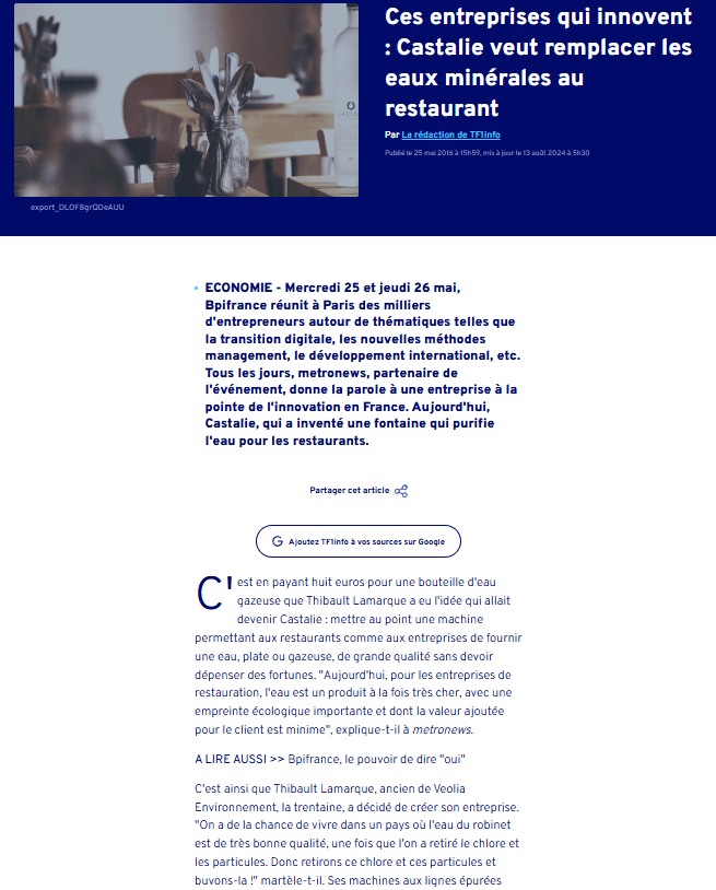 Ces entreprises qui innovent : Castalie veut remplacer les eaux minérales au restaurant