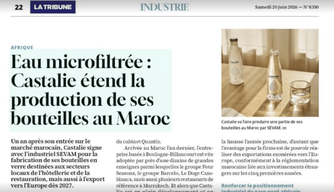 Eau microfiltrée : après la France et l’Italie, Castalie étend la production de ses bouteilles en verre au Maroc