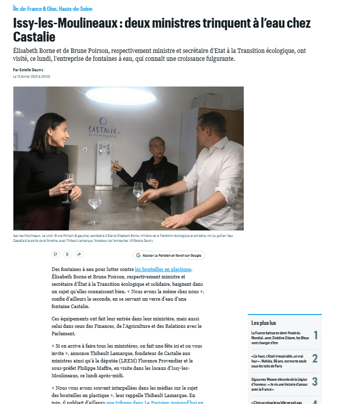 Issy-les-Moulineaux: Two ministers toast with water at Castalie *Le Parisien*