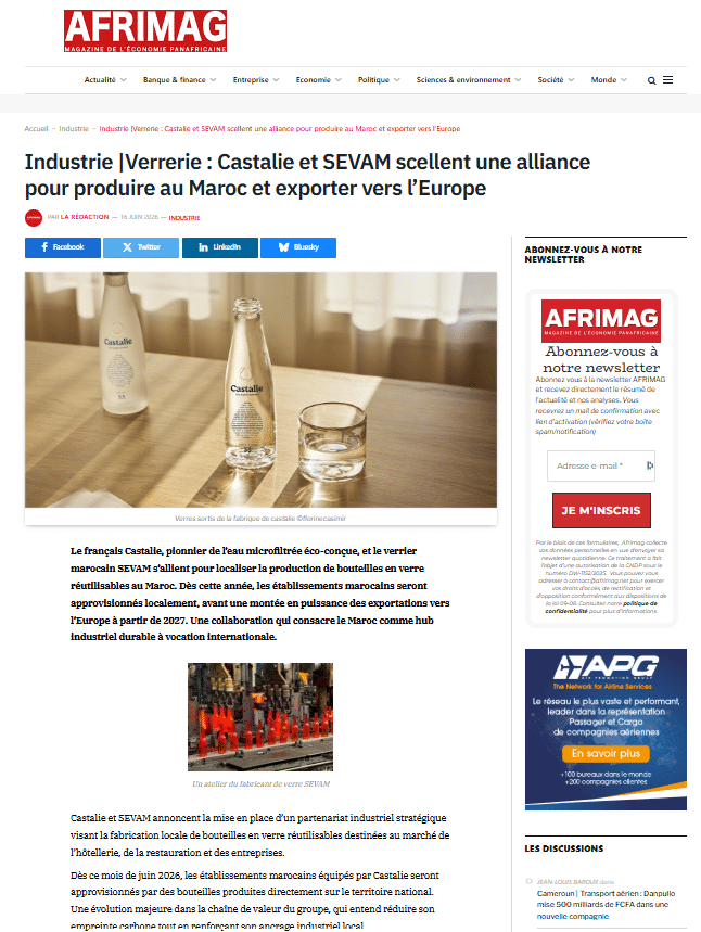 Castalie in Morocco: Partners with Glass Manufacturer SEVAM to Produce Locally and Export to Europe