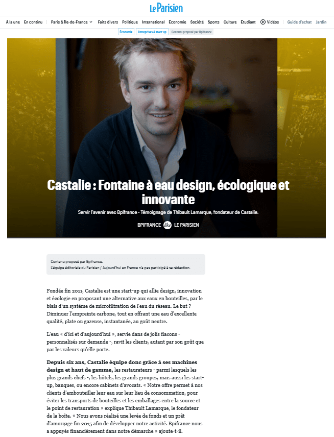 Portret van Thibault Lamarque, oprichter van Castalie, glimlachend binnenshuis, ter illustratie van het artikel van Bpifrance dat op 27 maart 2018 door Le Parisien werd gepubliceerd over de start-up die zich bezighoudt met microgefilterd water.