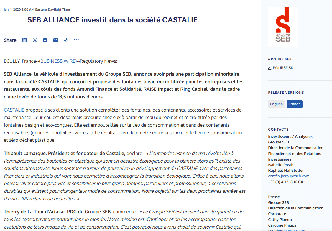 SEB ALLIANCE investeert in het bedrijf CASTALIE